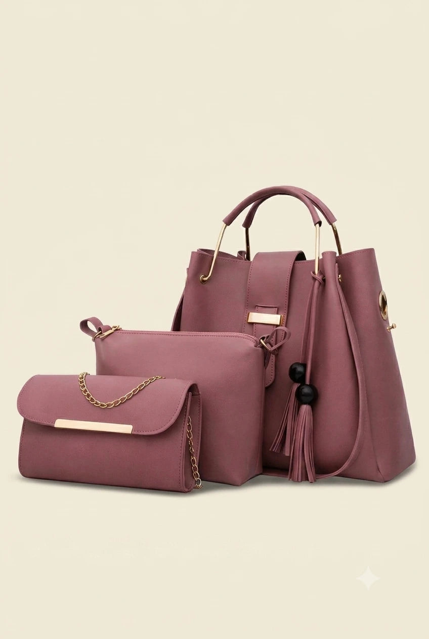 Elegant 3 Piece Women's Handbag Set in Black Premium Faux Leather with Tote, Crossbody and Clutch